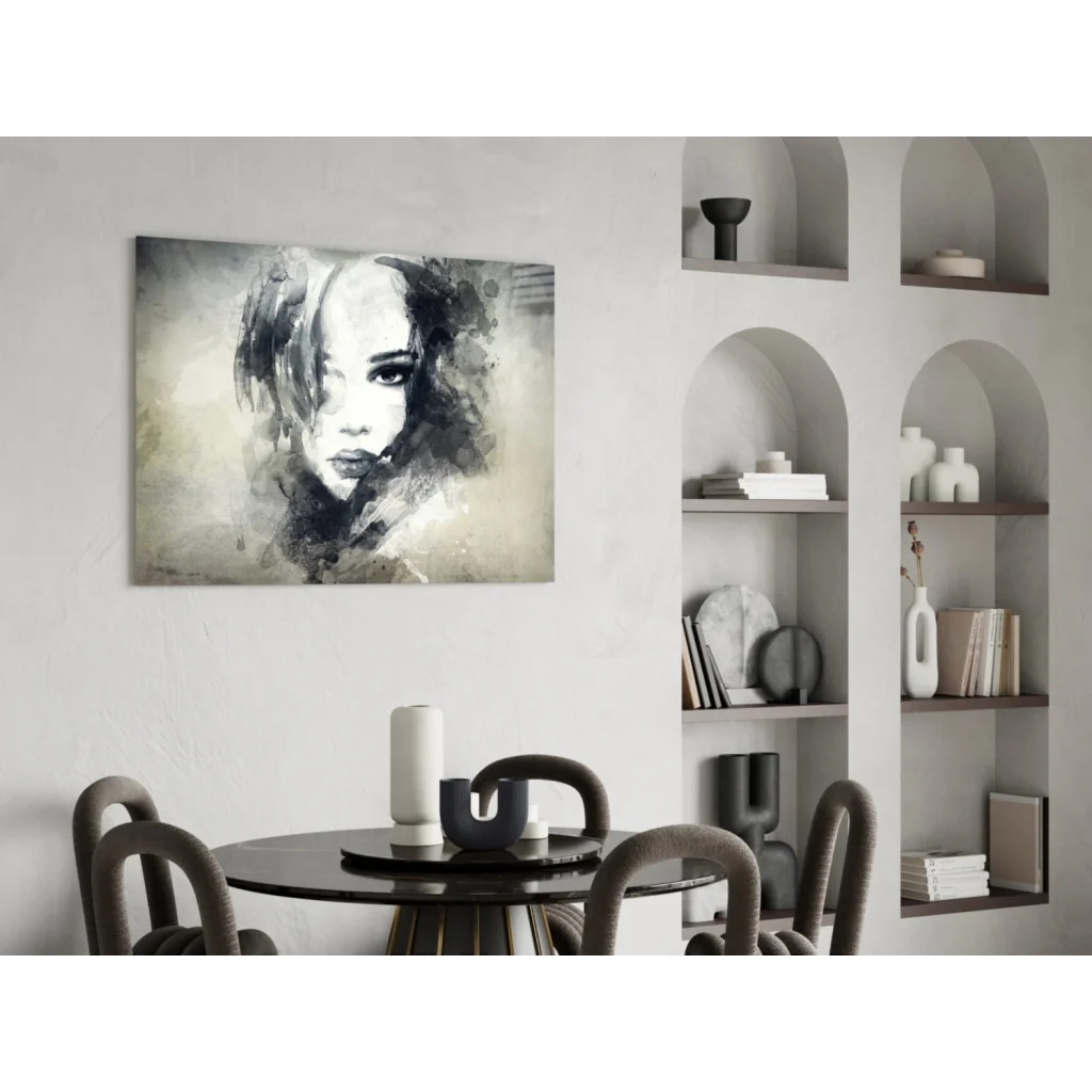 Black and white watercolor portrait of expressive-eyed woman on canvas wall art