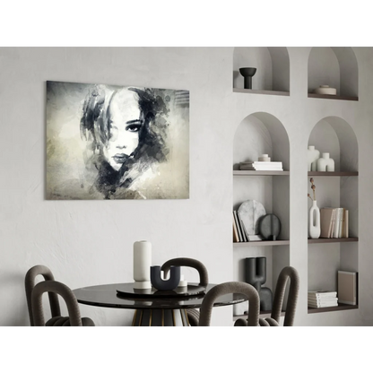Black and white watercolor portrait of expressive-eyed woman on canvas wall art