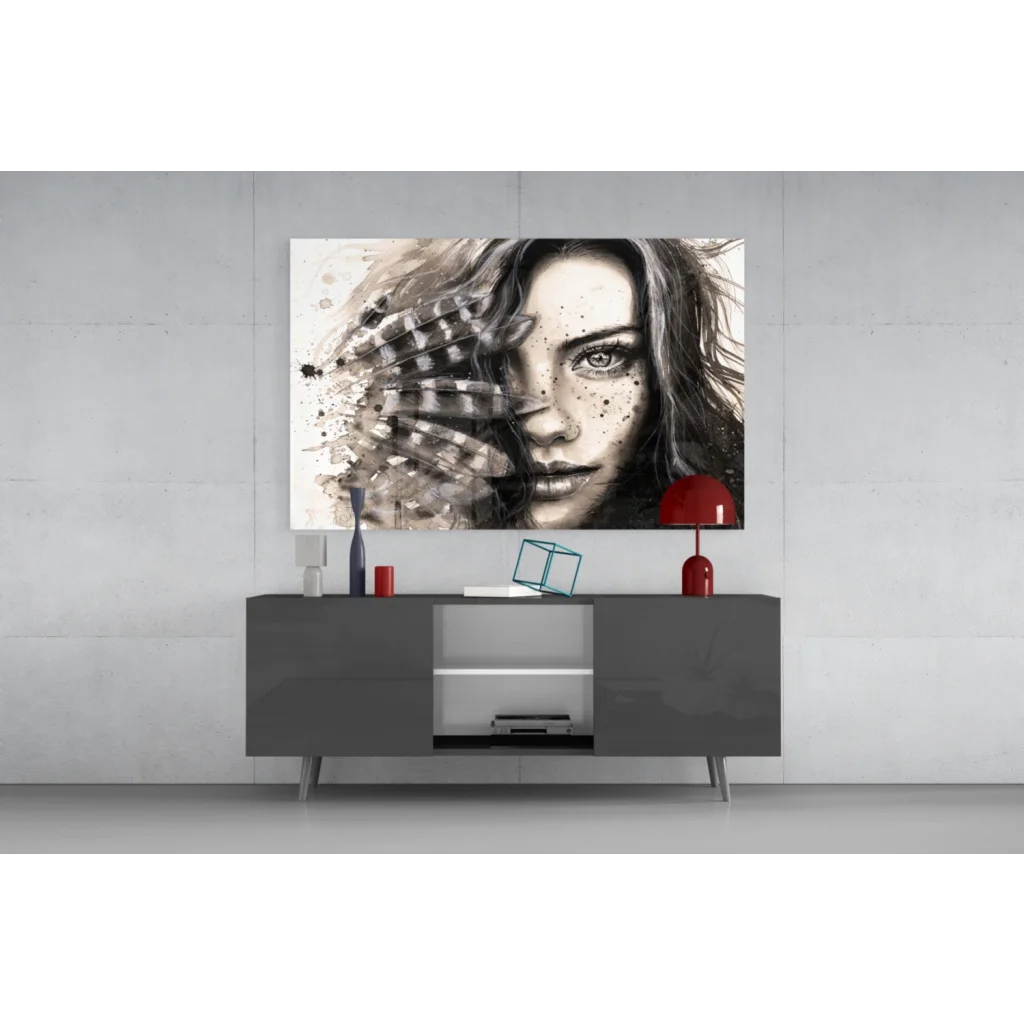 Striking black-and-white Feathered Beauty abstract portrait wall art canvas