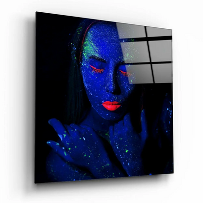 Glowing Blue Face Glass Wall Art with Neon Blacklight Effect | Insigneart USA | vintageantiquesgifts.com