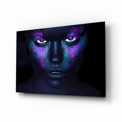 Cosmic glitter face wall art canvas with purple blue glow portrait