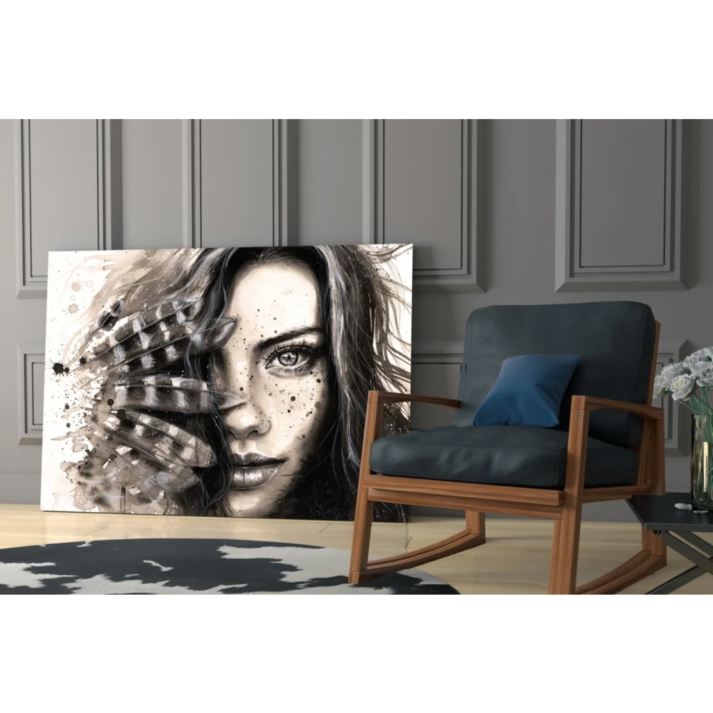 Black-and-white abstract Feathered Beauty portrait canvas wall art with inked face and checkered hand