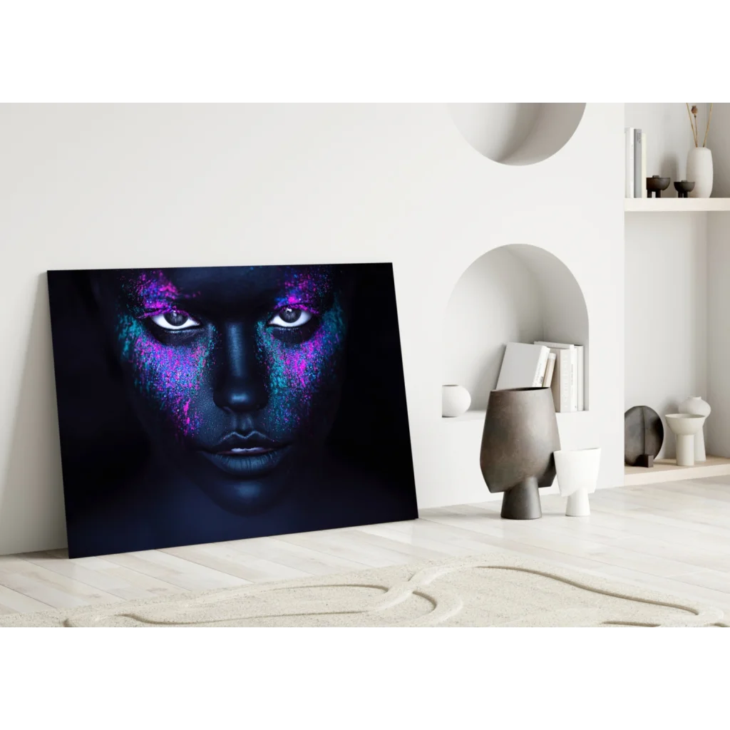 Cosmic face with purple blue glow on canvas wall art