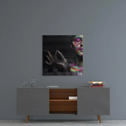 Vibrant abstract face on shimmering rainbow glass wall art with glittery makeup