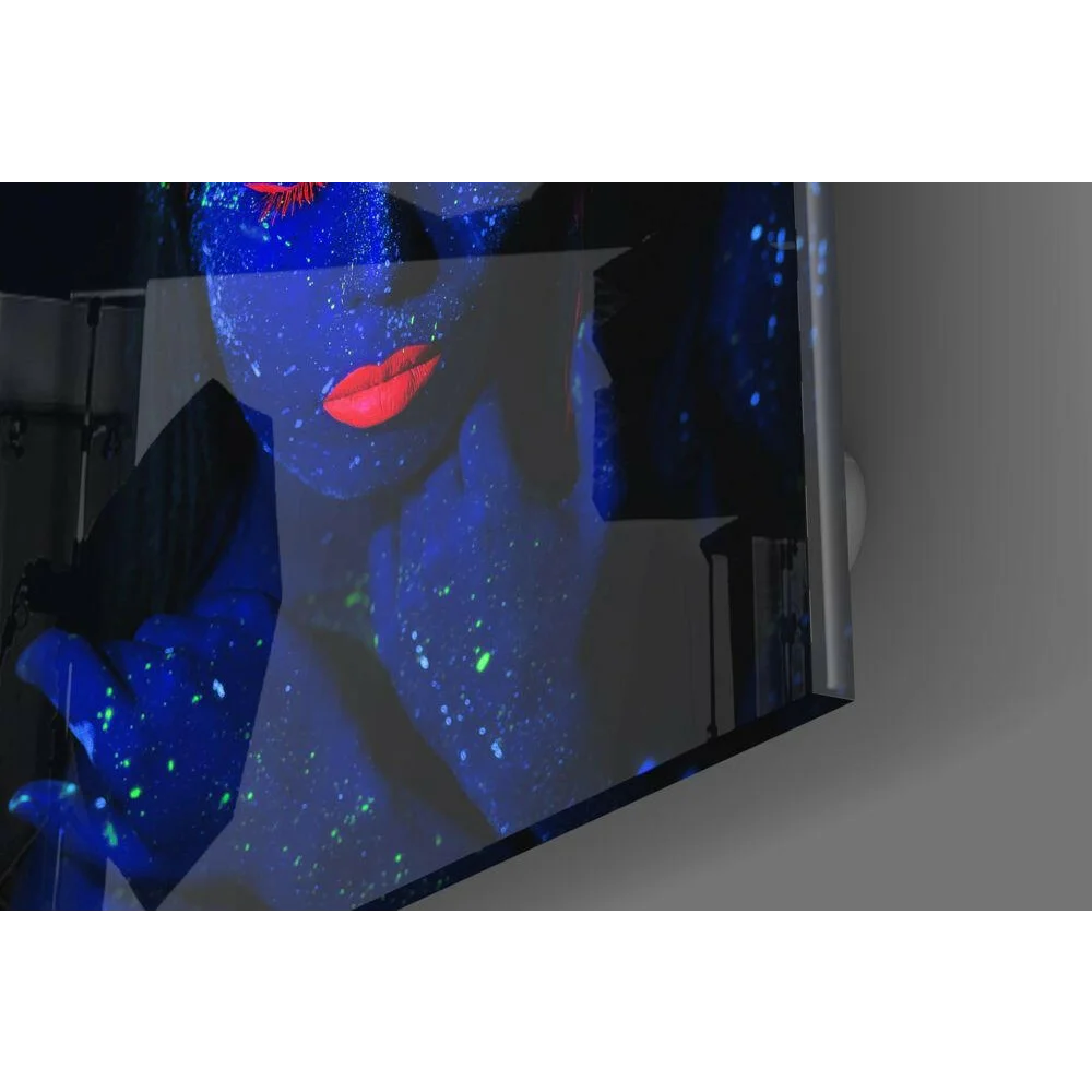 Glowing Blue Face Glass Wall Art with Neon Blacklight Effect | Modern Wall Art Decor | vintageantiquesgifts.com