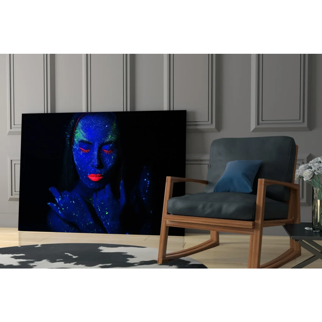 Glowing neon woman wall art canvas with blue glitter makeup