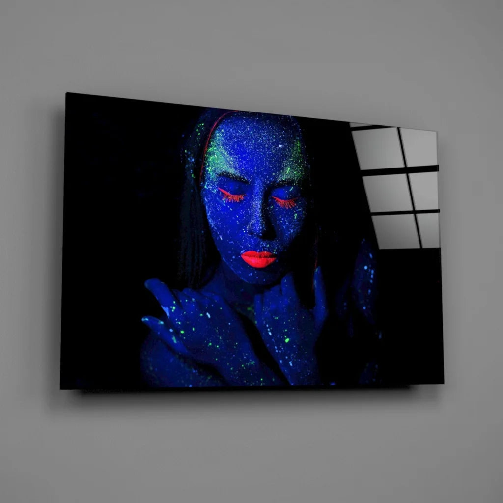 Glowing Neon Woman Canvas Wall Art With Blue Glitter Makeup | Glass Wall Art Print | vintageantiquesgifts.com