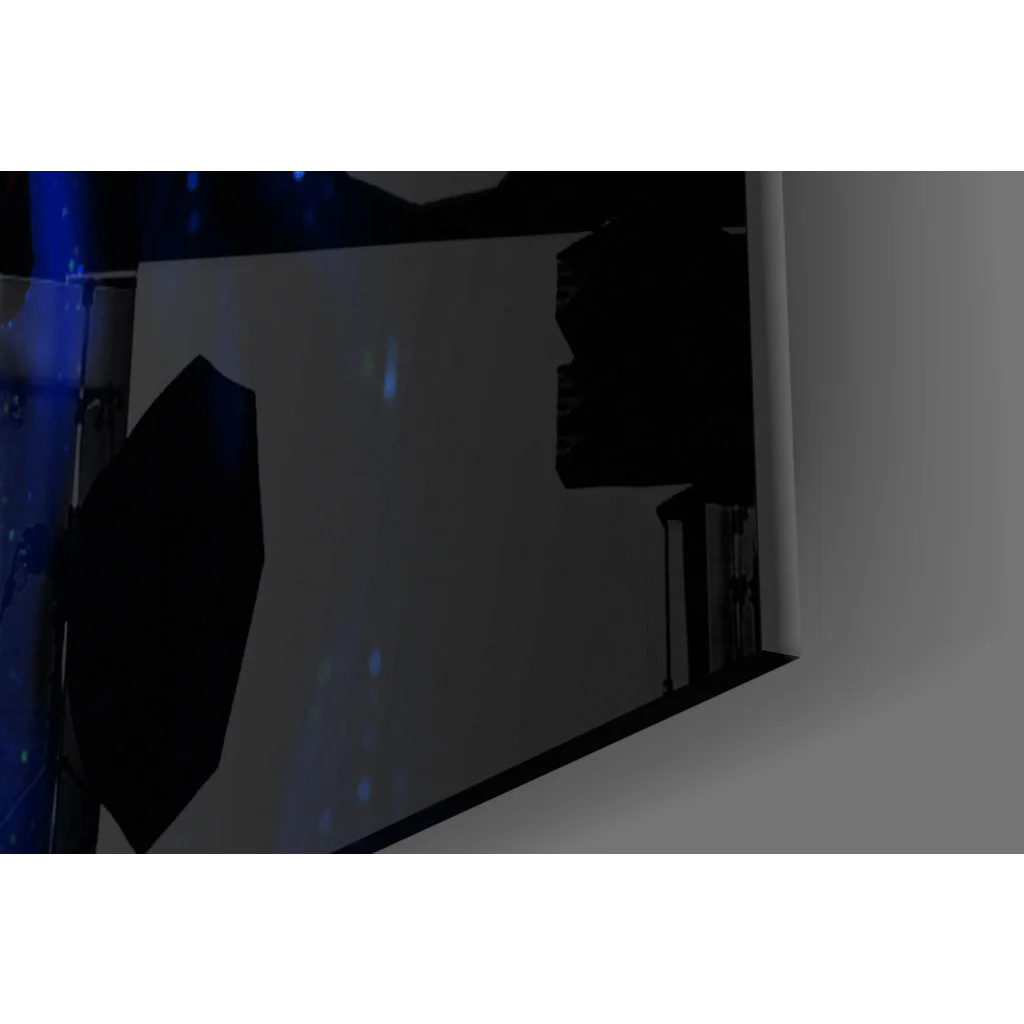 Black studio umbrella with blue light in glowing neon woman wall art