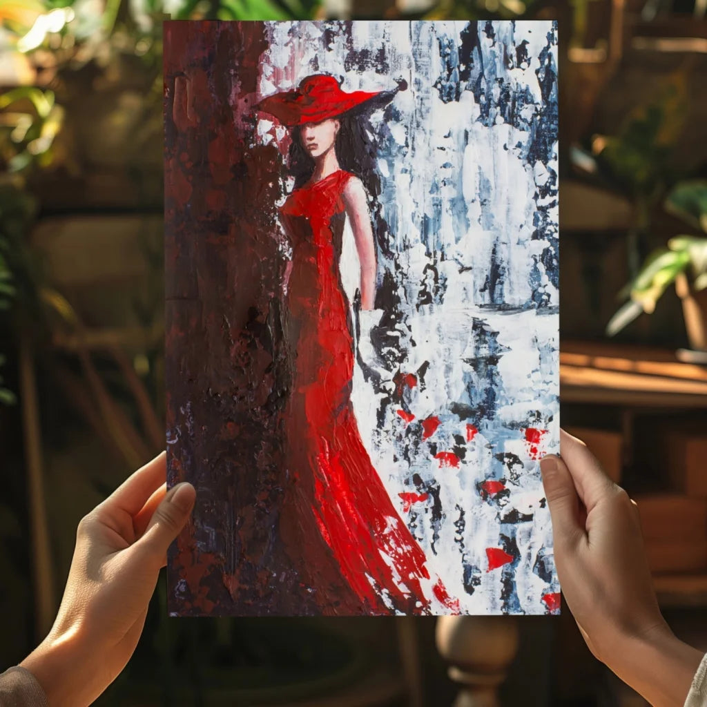 Vibrant red gown with hat on insigne aluminum prints