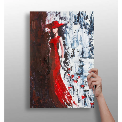 Vibrant red abstract woman in gown on Insigne Aluminum Prints