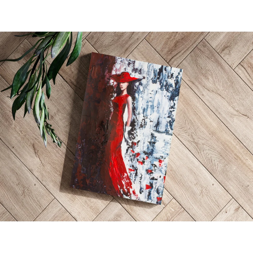 Vibrant red gown and hat in bold acrylic on insigne aluminum prints