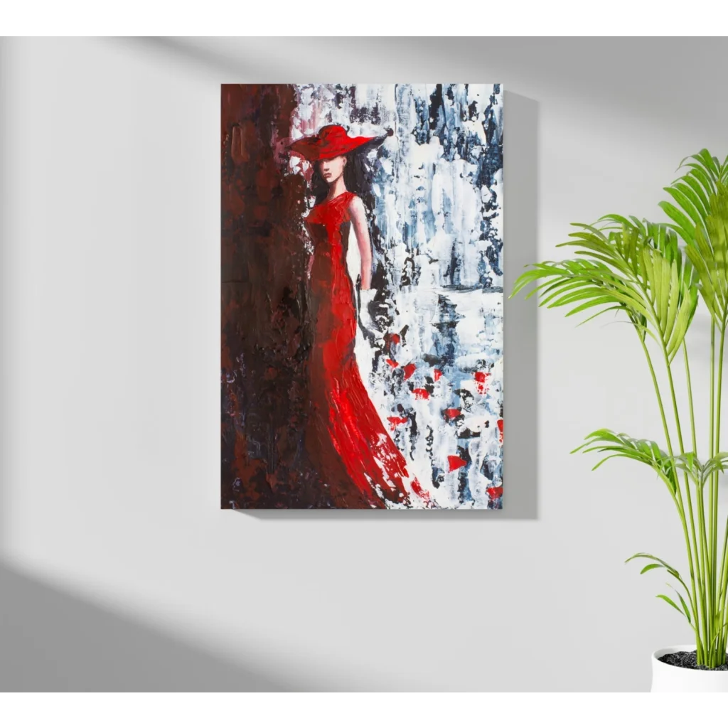 Vibrant red abstract woman in gown on insigne aluminum prints