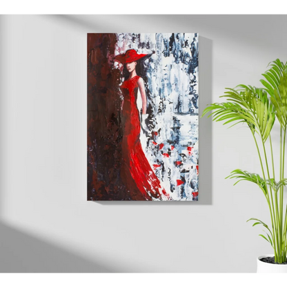Vibrant red abstract woman in gown on insigne aluminum prints