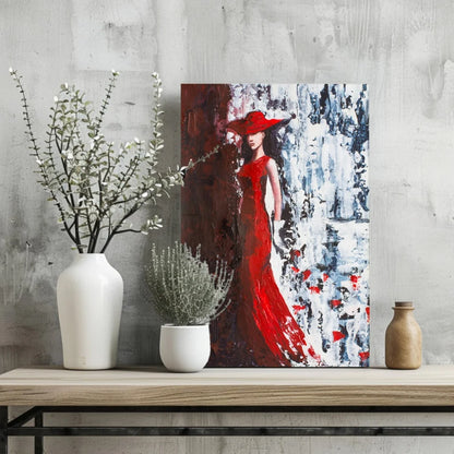 Vibrant red abstract woman in gown on insigne aluminum prints