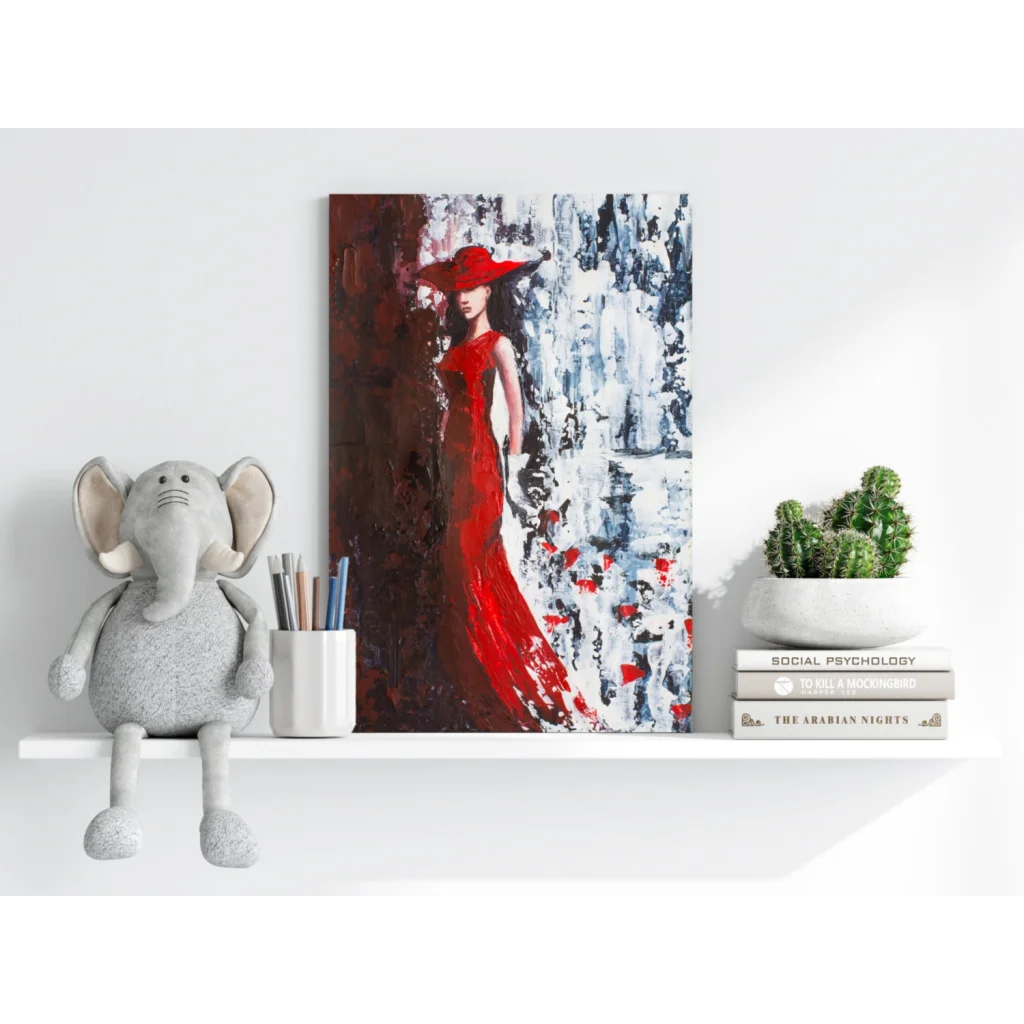 Vibrant abstract woman in red gown on insigne aluminum prints