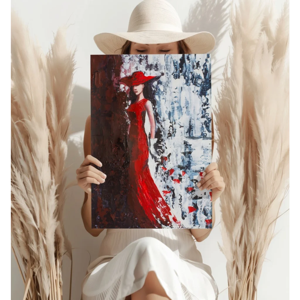 Vibrant red gown with wide-brimmed hat on insigne aluminum prints
