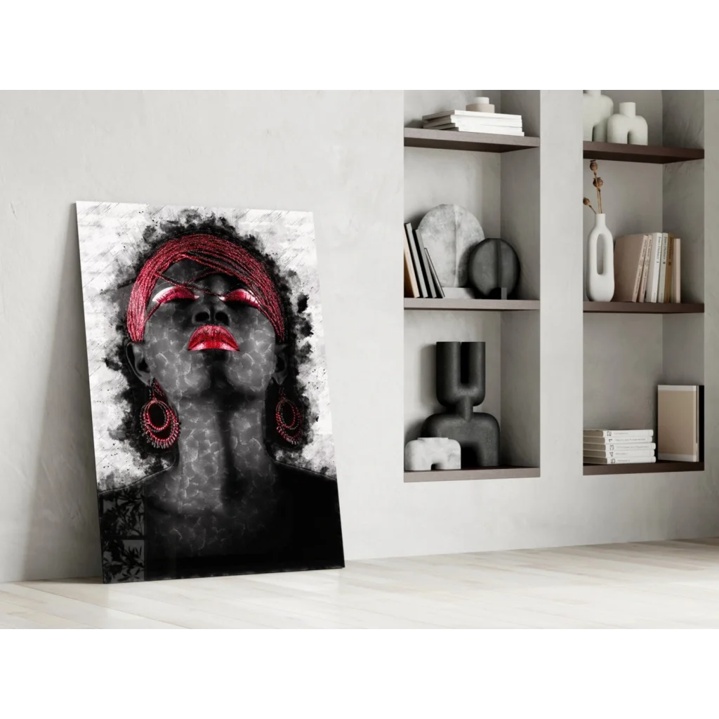 Striking black-and-white canvas wall art portrait of woman with bold red lips