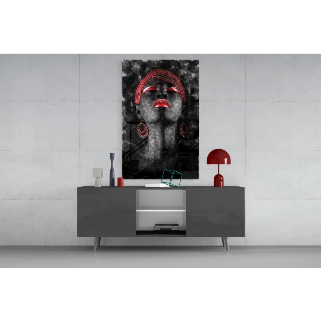 Striking black-and-white wall art portrait of woman with bold red lips and headwrap