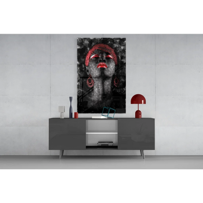 Striking black-and-white wall art portrait of woman with bold red lips and headwrap