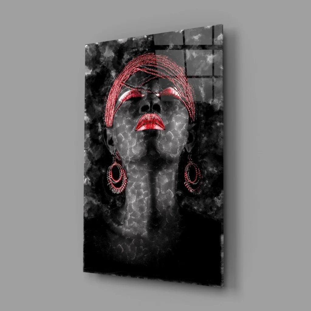 Striking black-and-white canvas wall art portrait of woman with bold red lips and beaded headwrap