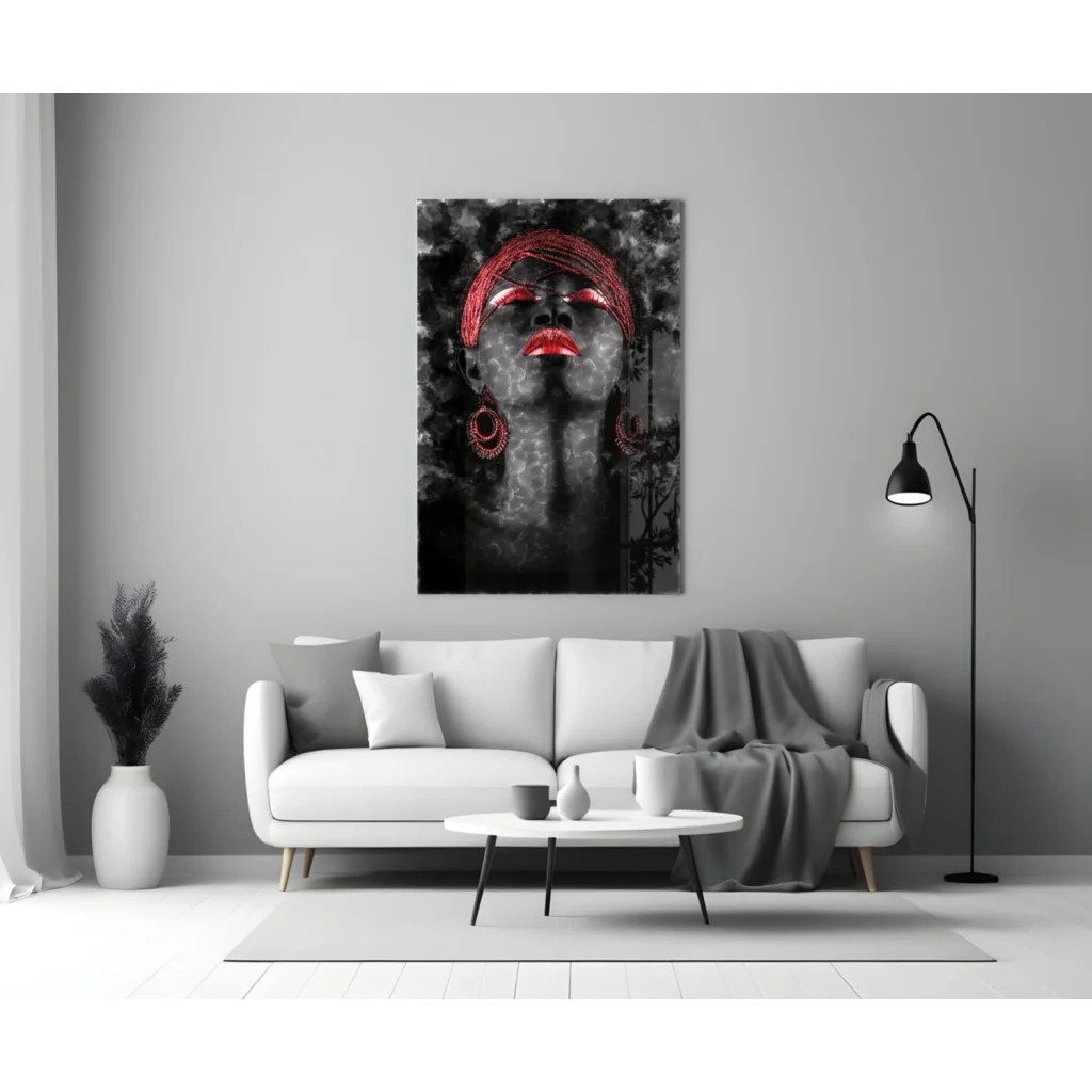 Bold red lips woman portrait canvas wall art with beaded headwrap