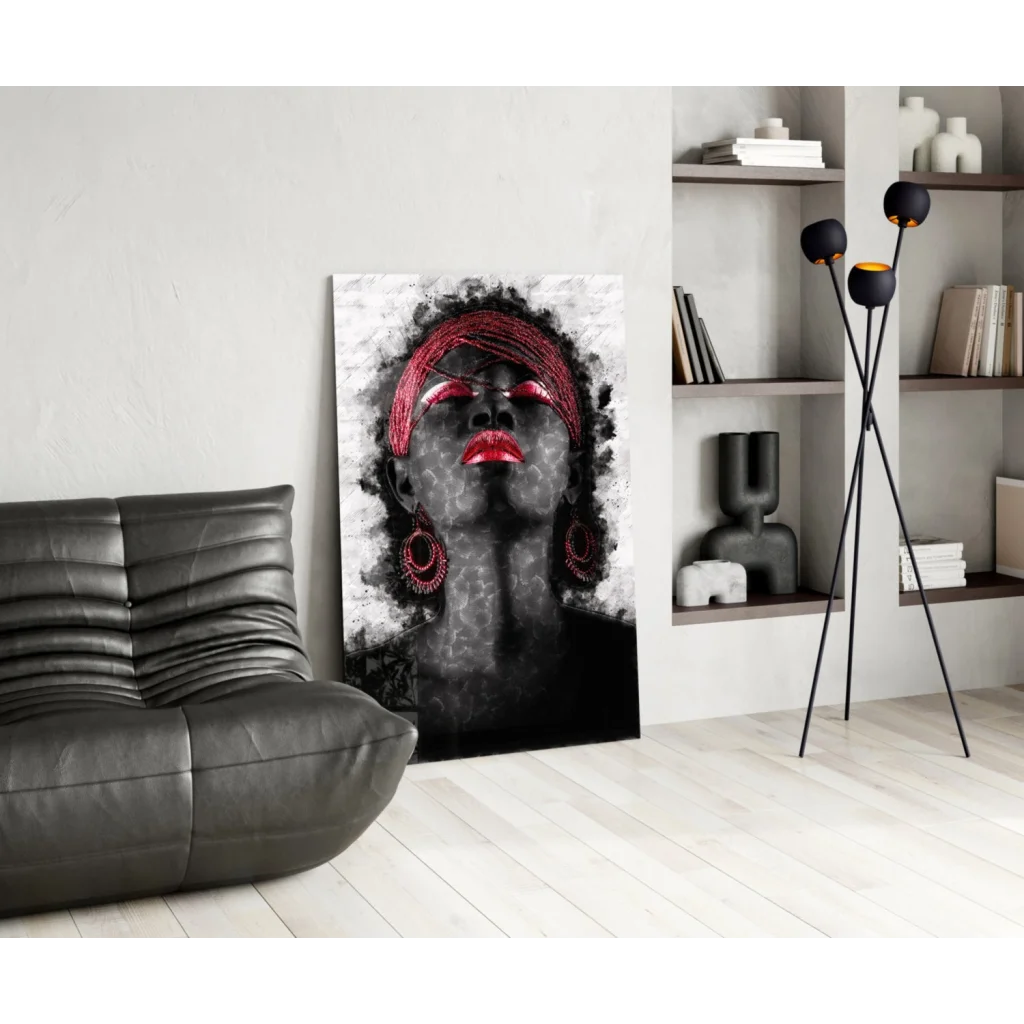 Bold red lips black and white canvas wall art portrait with woman in headwrap and earrings