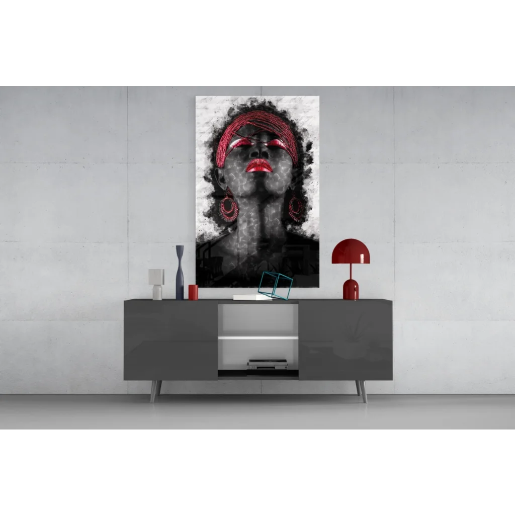 Bold red lips woman in black and white canvas wall art portrait