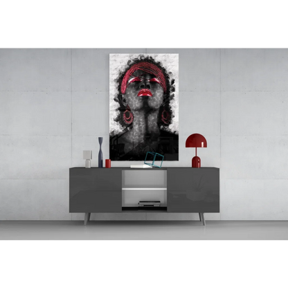 Bold red lips woman in black and white canvas wall art portrait