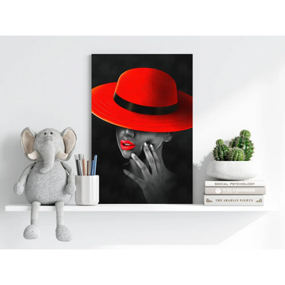 Vibrant red fedora with black band on insigne aluminum print