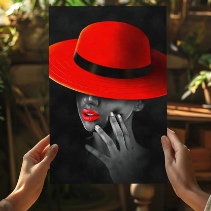 Vibrant red fedora on woman in insigne aluminum prints