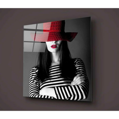 Bold Red Hat Striped Fashion Glass Wall Art Canvas Print | Glass Wall Art Print | vintageantiquesgifts.com