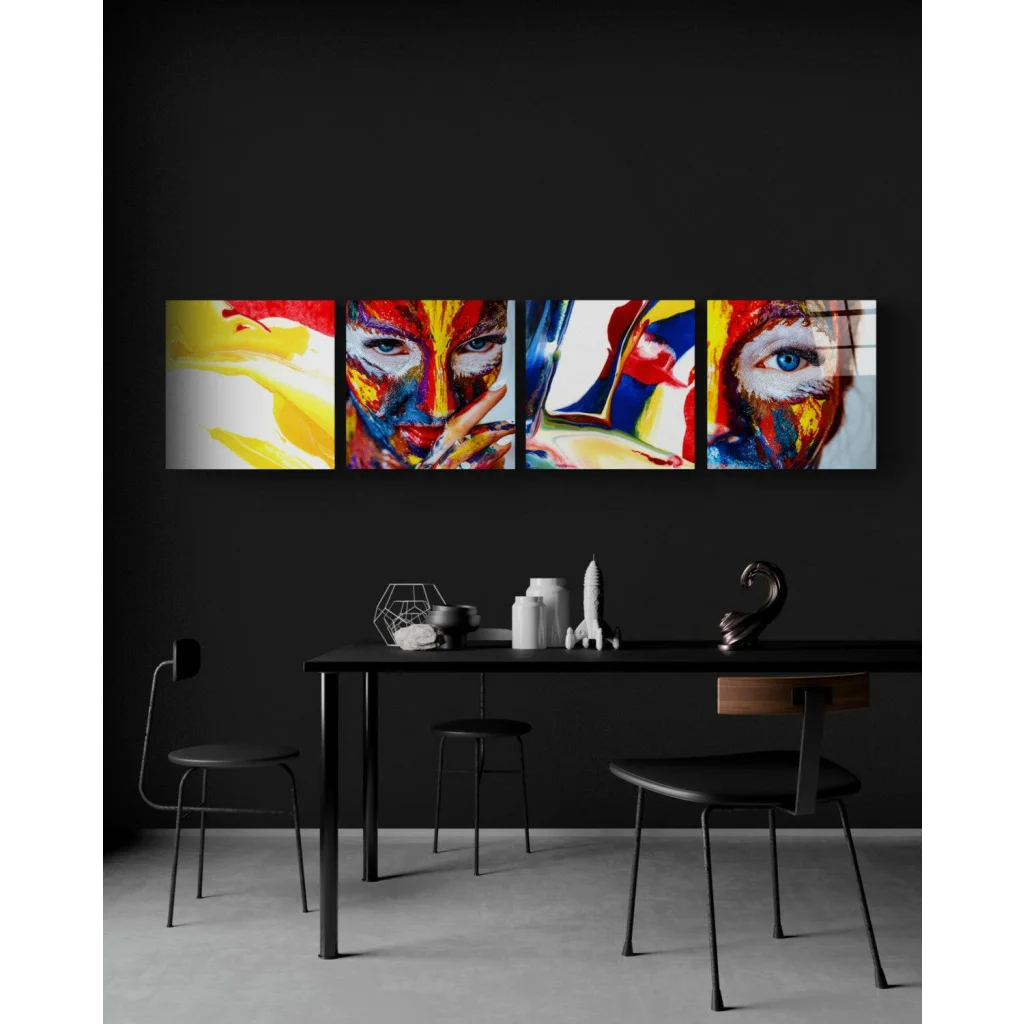 Vibrant explosive abstract face glass wall art in bold yellow, red, blue, white