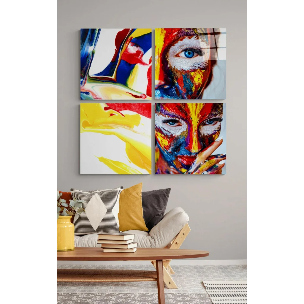 Explosive abstract face glass wall art in bold red yellow blue white