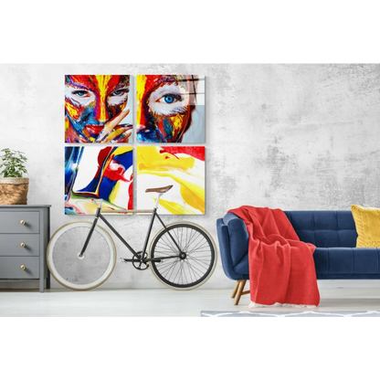 Black fixed-gear bike with white rims on bold glass wall art