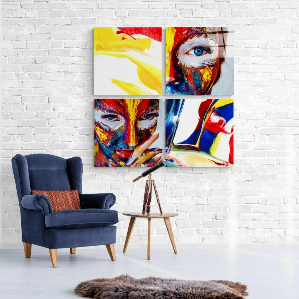 Vibrant explosive abstract face glass wall art in bold yellow, red, blue hues