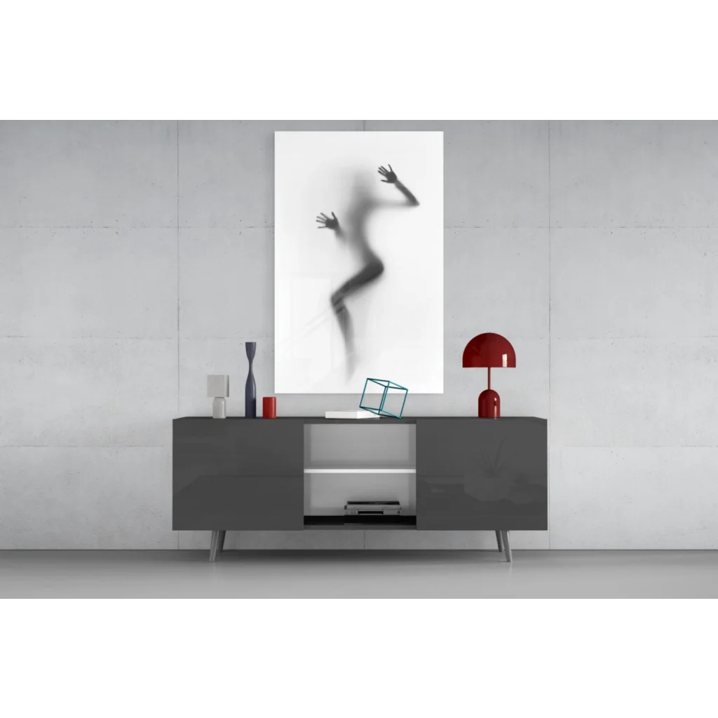 Abstract black-and-white silhouette of figure against glass, glass wall art canvas print