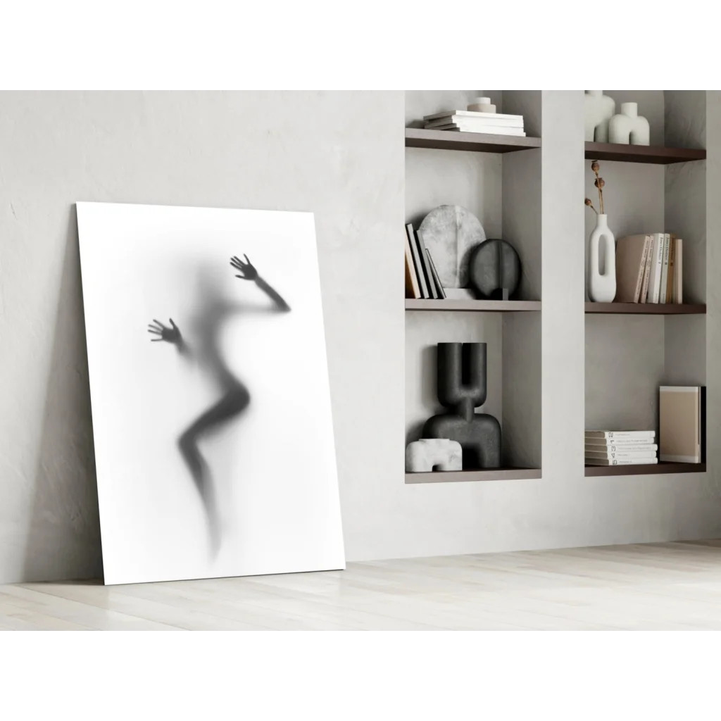 Minimalist blurred silhouette reaching against wall in glass wall art print