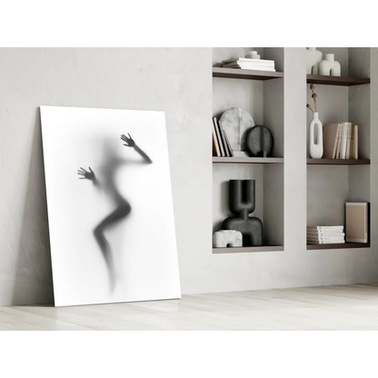 Minimalist blurred silhouette reaching against wall in glass wall art print