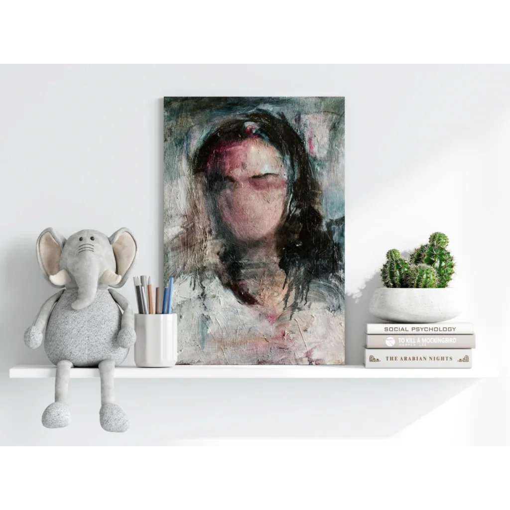 Abstract textured portrait in gray, black, pink on Insigne aluminum print