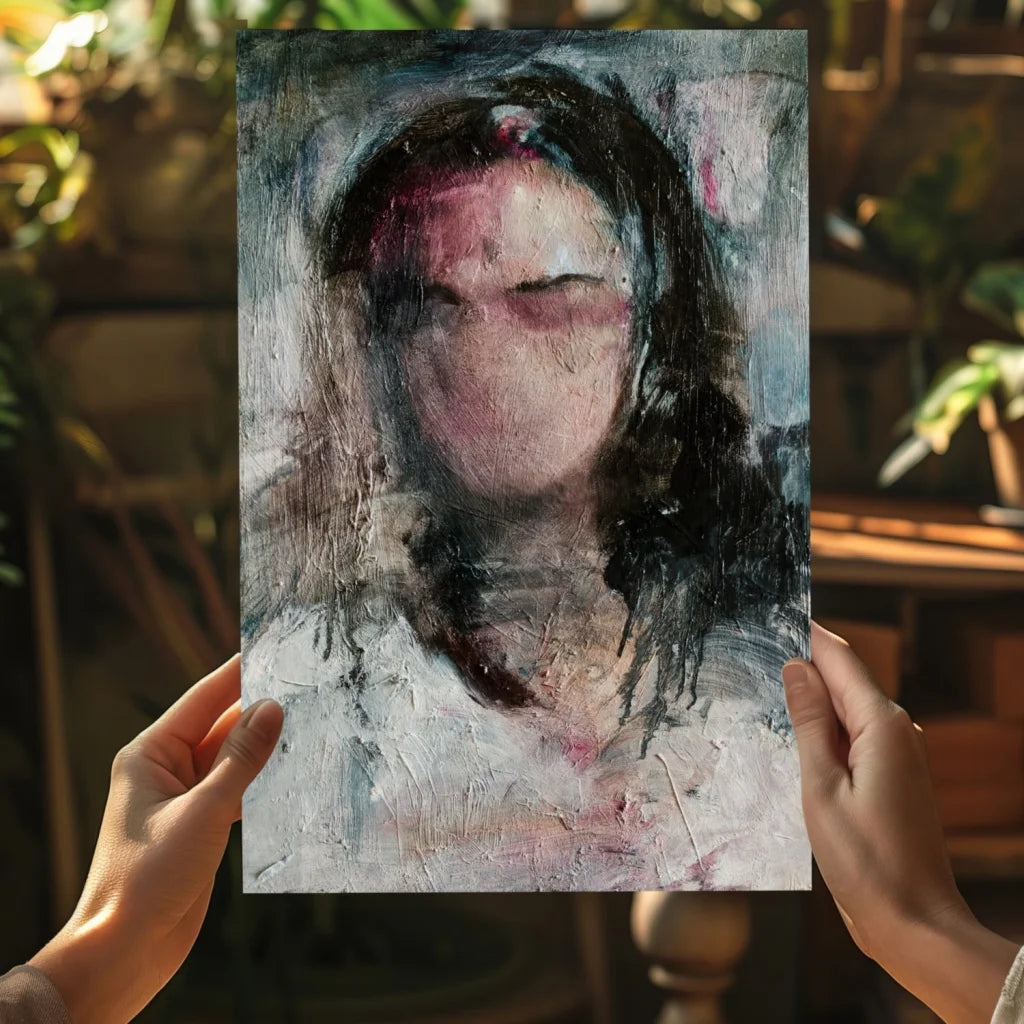 Stunning insigne aluminum print of textured impasto portrait in muted tones