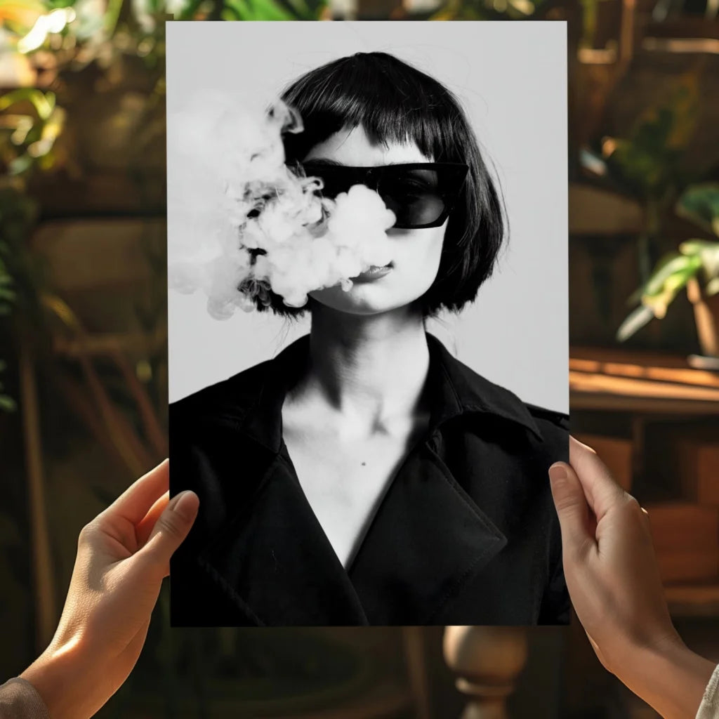 Black-and-white photo of woman exhaling smoke on insigne aluminum print