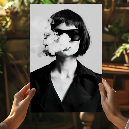 Black-and-white photo of woman exhaling smoke on insigne aluminum print
