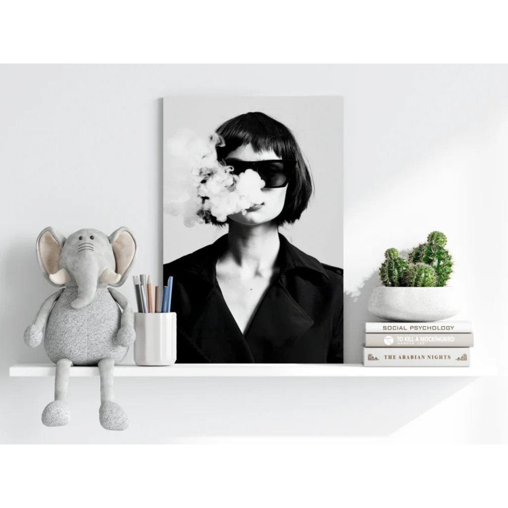 Black-and-white woman exhaling smoke on insigne aluminum prints