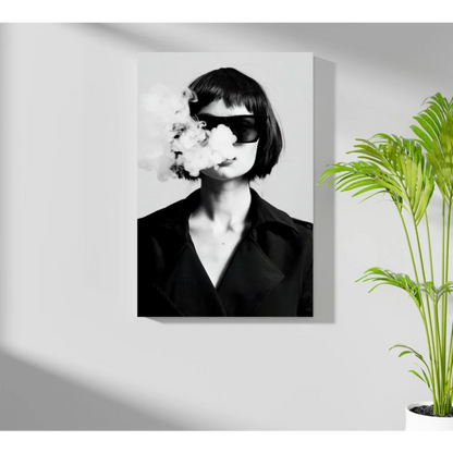 Black-and-white woman exhaling smoke on insigne aluminum print