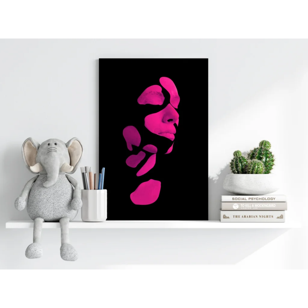 Vibrant pink abstract face on black canvas, insigne aluminum print