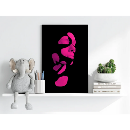 Vibrant pink abstract face on black canvas, insigne aluminum print