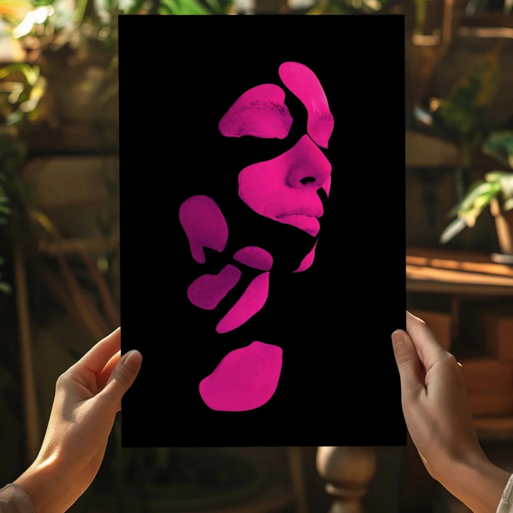 Vibrant pink abstract face on Insigne Aluminum Prints, held by hands