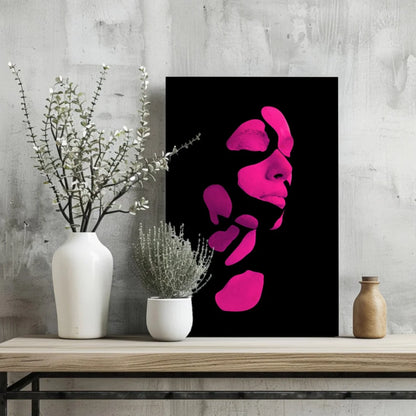 Vibrant pink abstract face on Insigne aluminum prints, bold geometrics on black