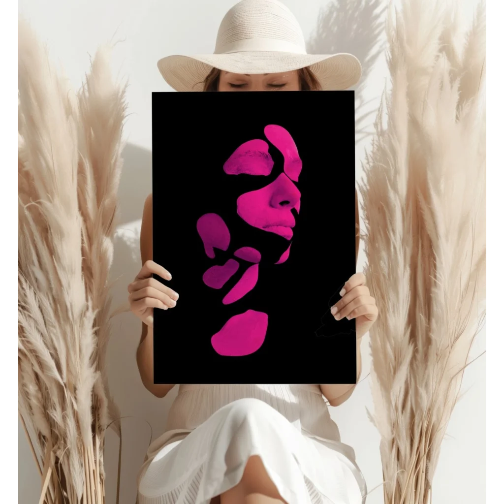 Vibrant pink abstract face on insigne aluminum print held by person in white hat
