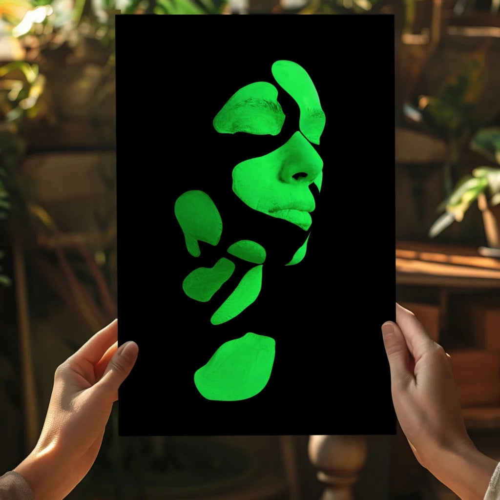 Glowing green abstract face on insigne aluminum print held by hands